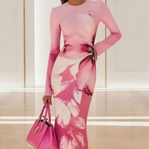 Elegant Pink Floral Long Sleeve Dress